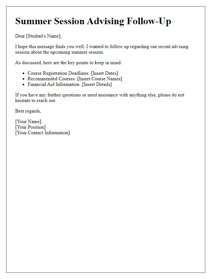 Letter template of summer session advising follow-up