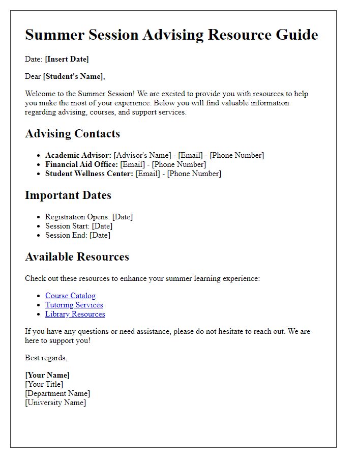 Letter template of summer session advising resource guide