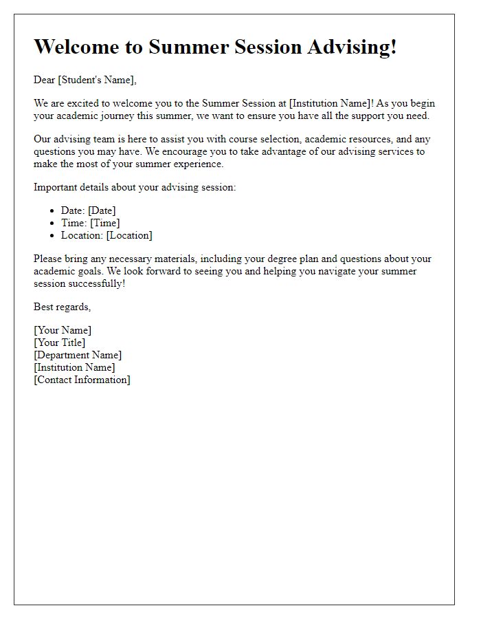 Letter template of summer session advising welcome