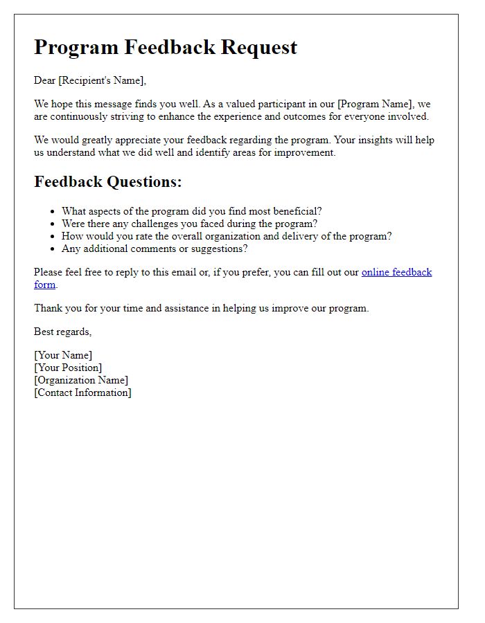 Letter template of program feedback solicitation