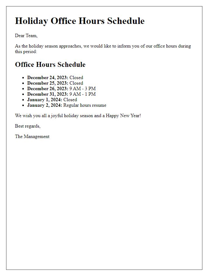 Letter template of holiday office hours schedule