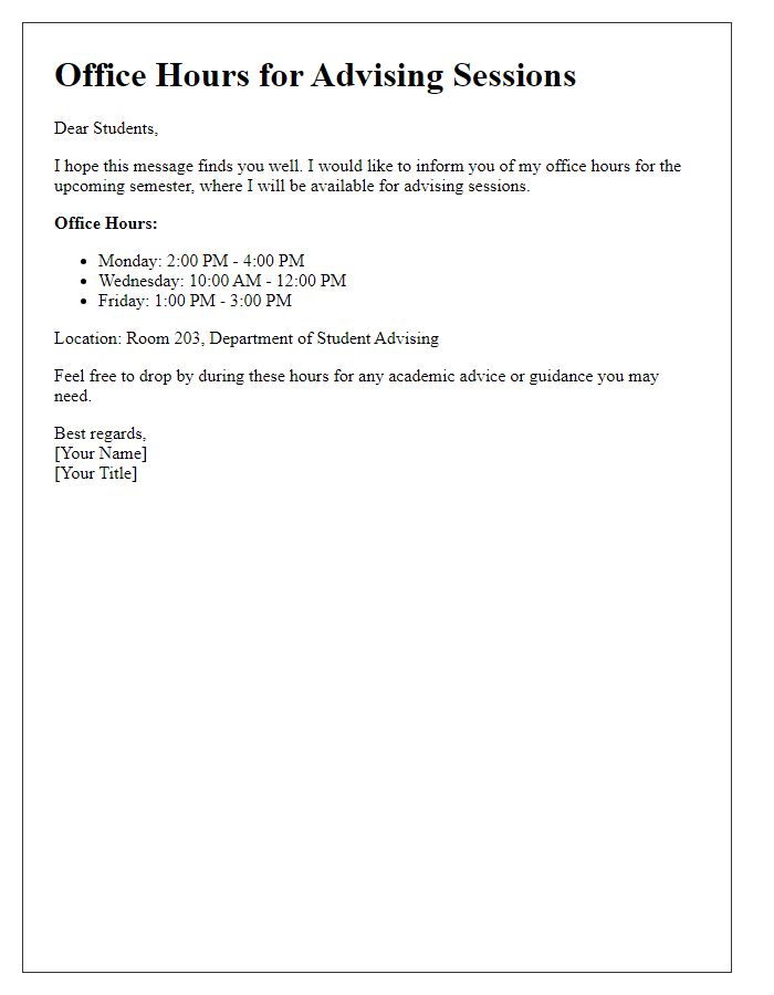 Letter template of office hours for advising sessions