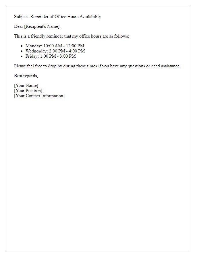 Letter template of office hours availability reminder