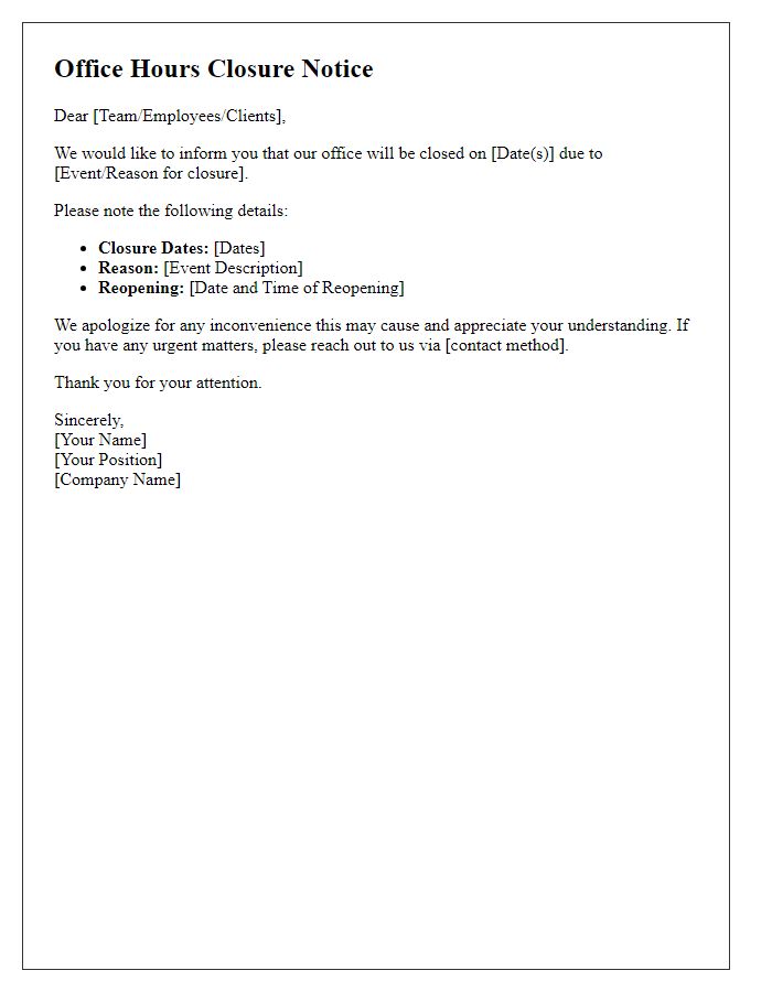 Letter template of office hours closure due to events