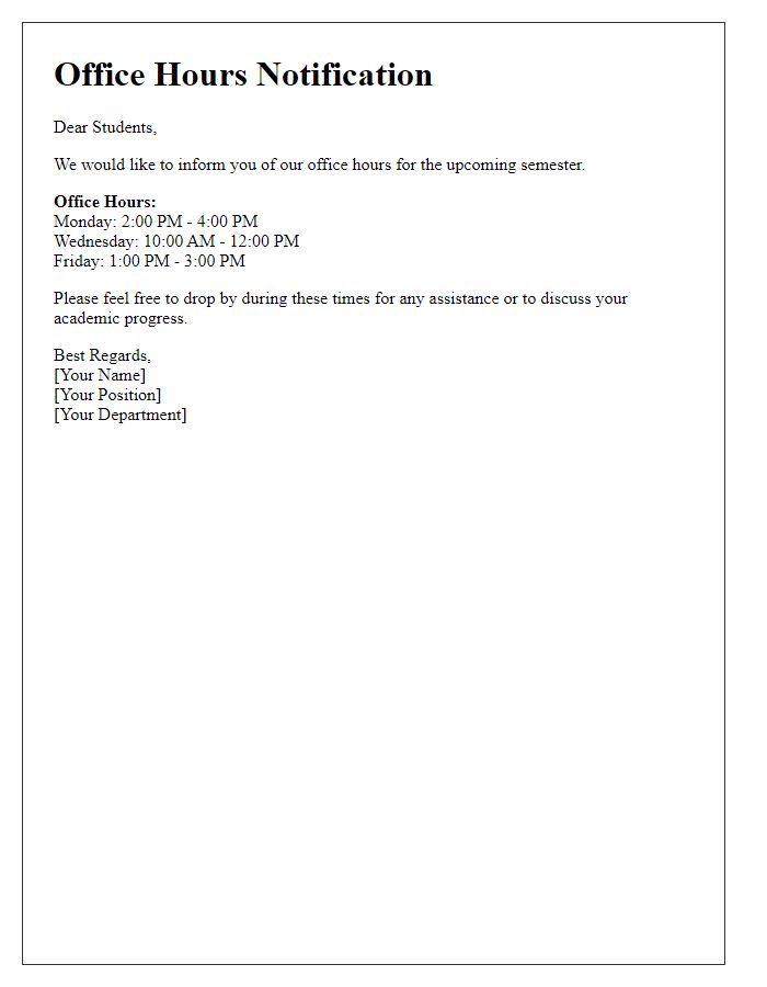 Letter template of office hours notification for students