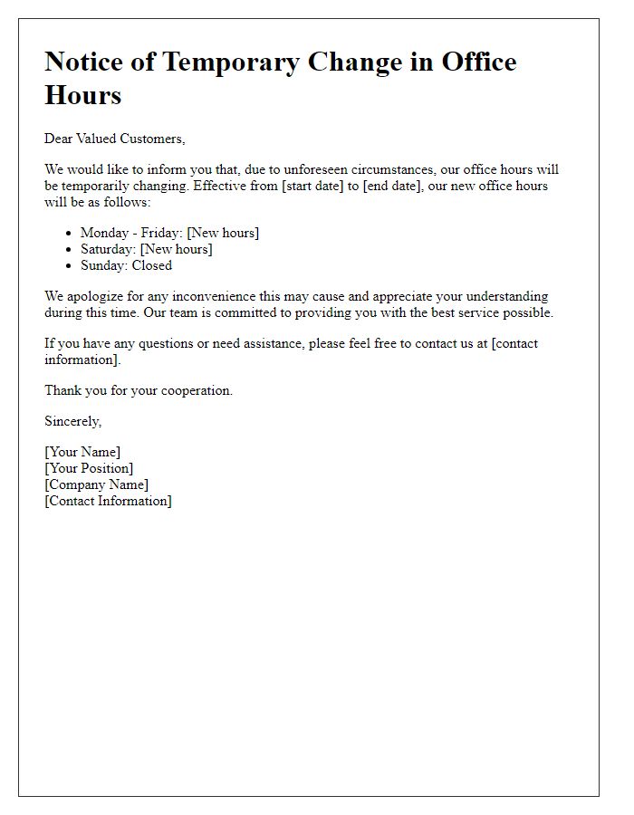 Letter template of temporary office hours change