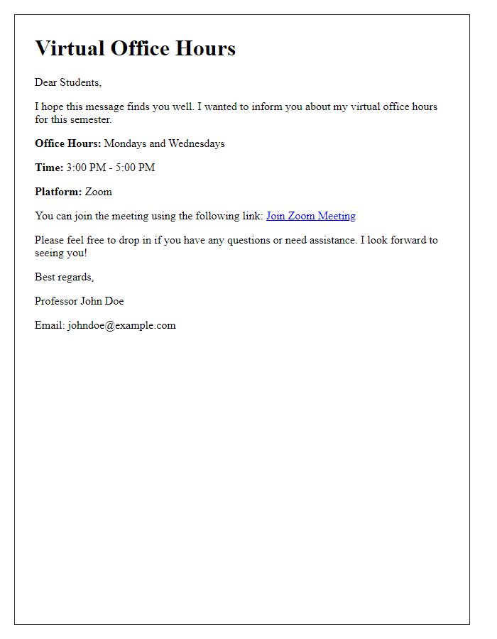 Letter template of virtual office hours information