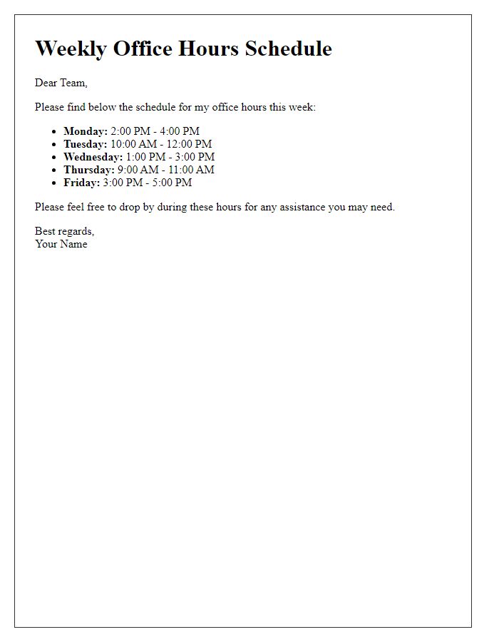 Letter template of weekly office hours schedule