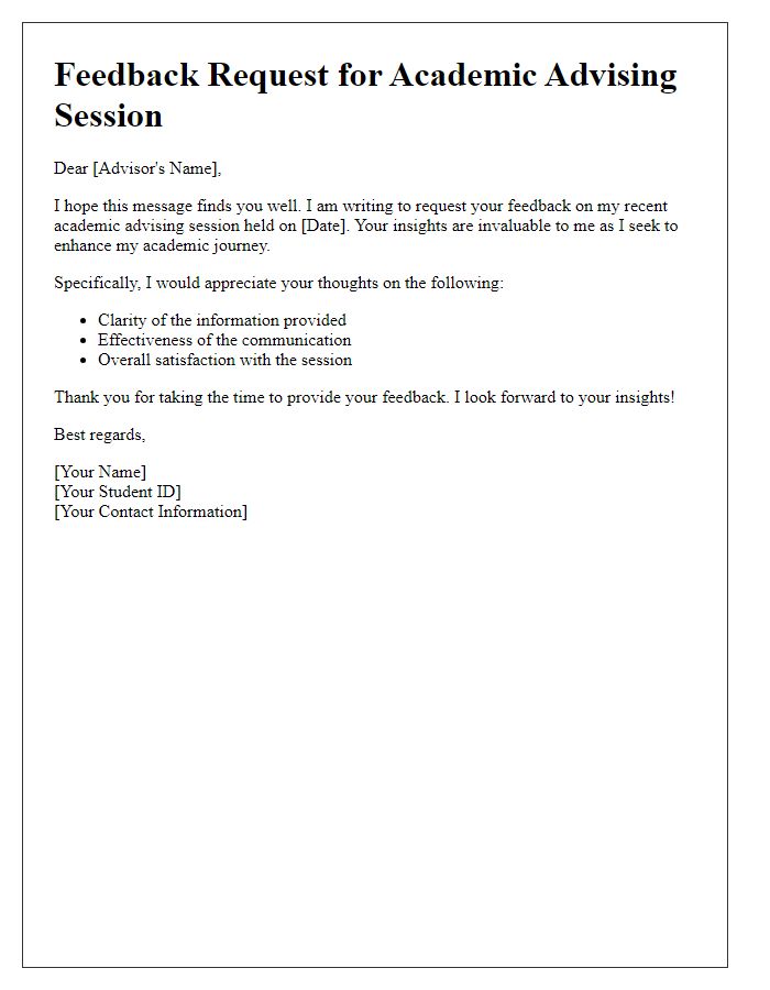 Letter template of feedback request for academic advising session.