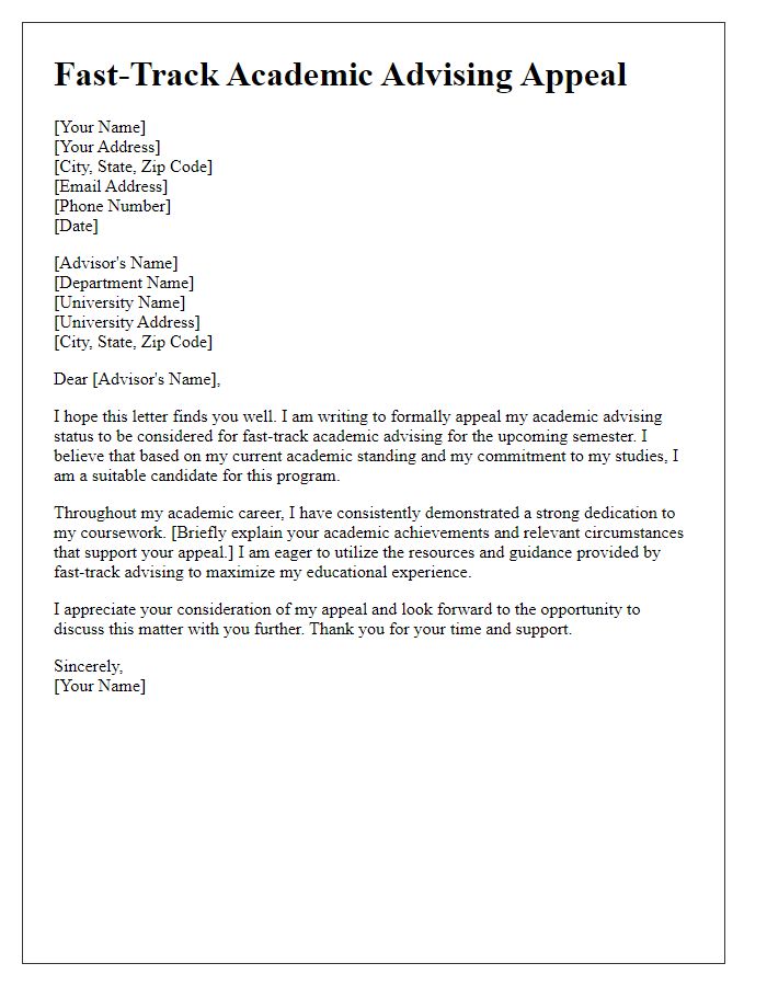 Letter template of fast-track academic advising appeal