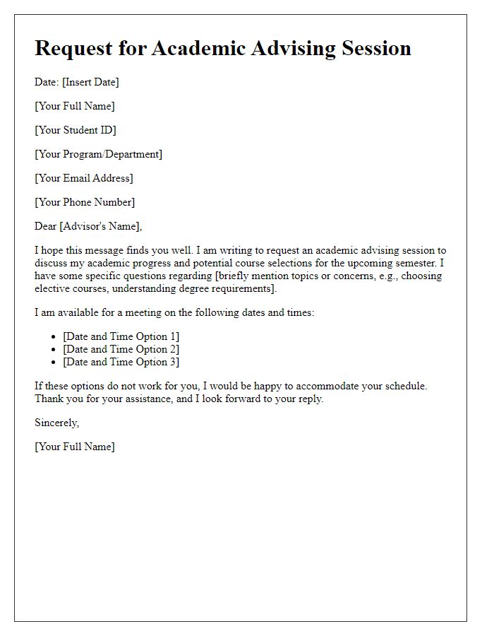 Letter template of swift academic advising session request