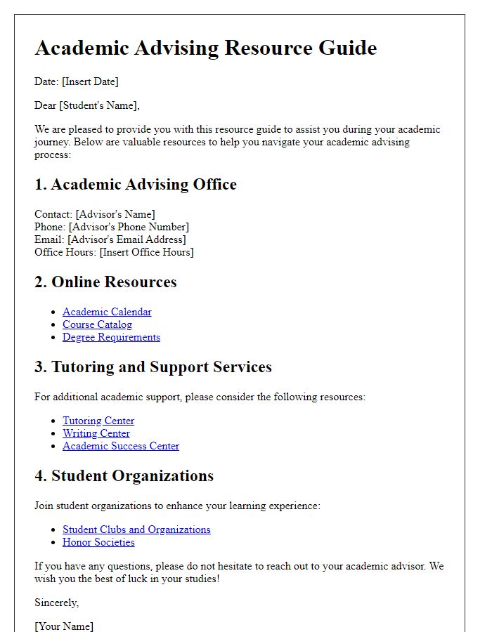 Letter template of resource guide for academic advising