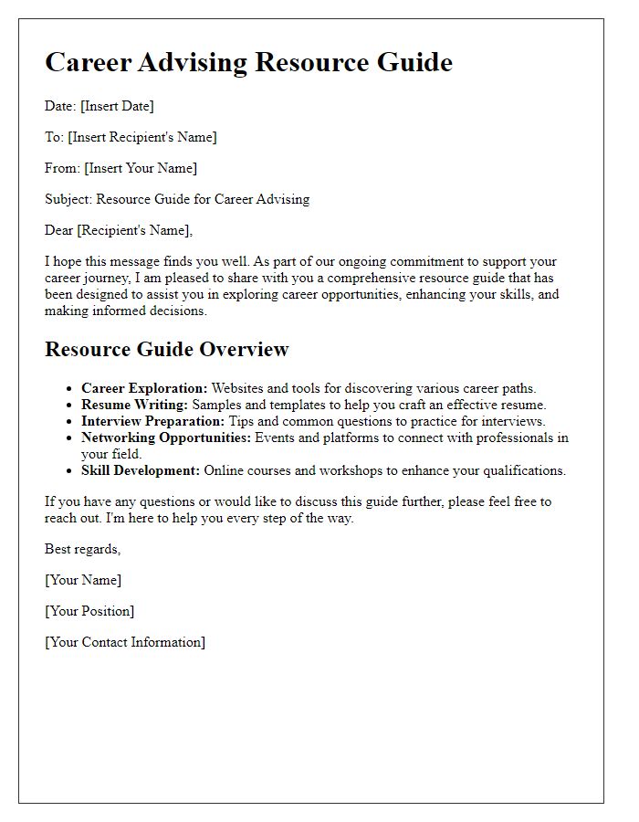 Letter template of resource guide for career advising