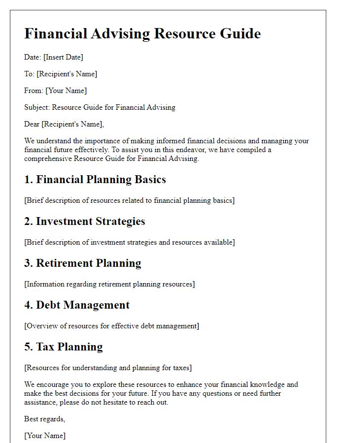 Letter template of resource guide for financial advising