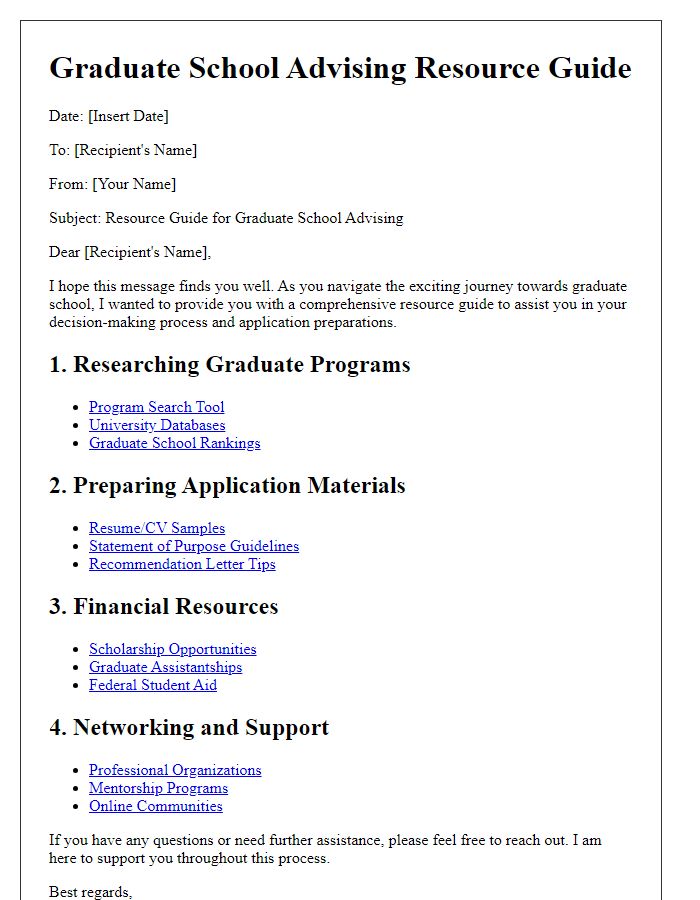 Letter template of resource guide for graduate school advising