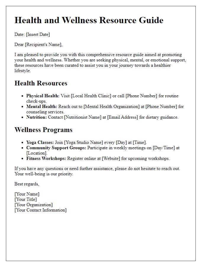 Letter template of resource guide for health and wellness advising