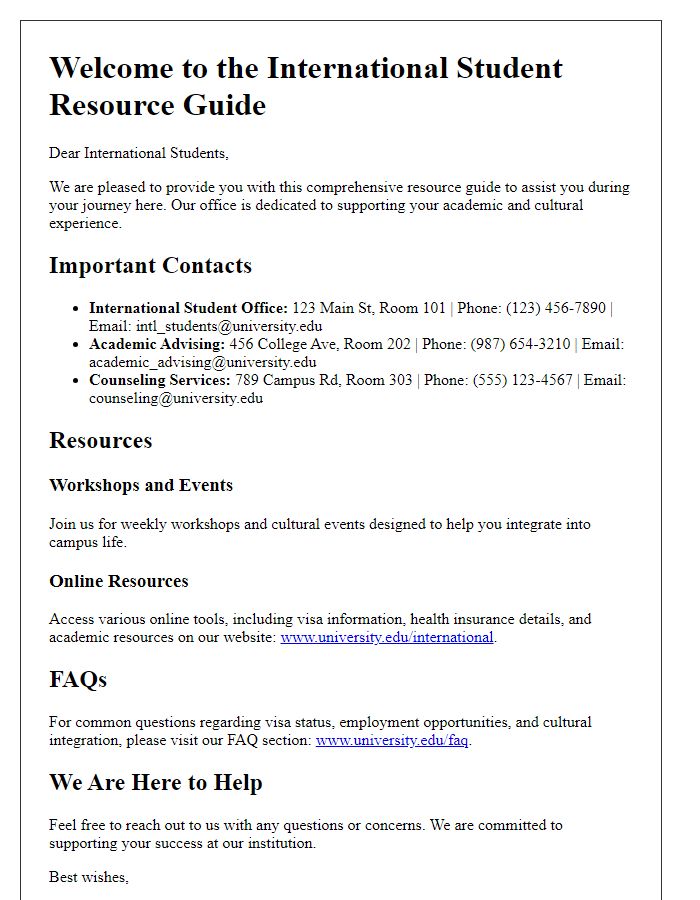 Letter template of resource guide for international student advising