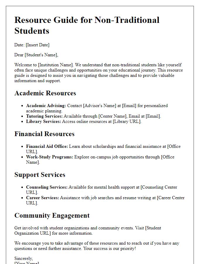 Letter template of resource guide for non-traditional student advising