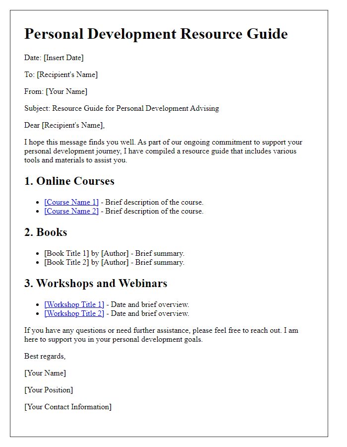 Letter template of resource guide for personal development advising