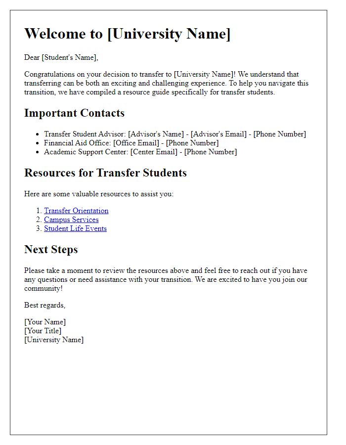 Letter template of resource guide for transfer student advising