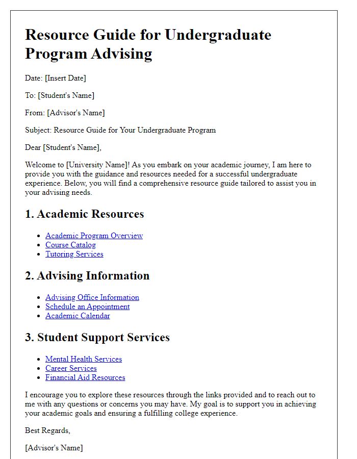 Letter template of resource guide for undergraduate program advising