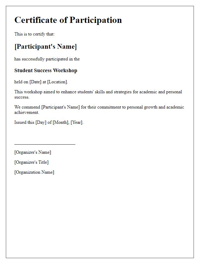 Letter template of certification for participation in student success workshop