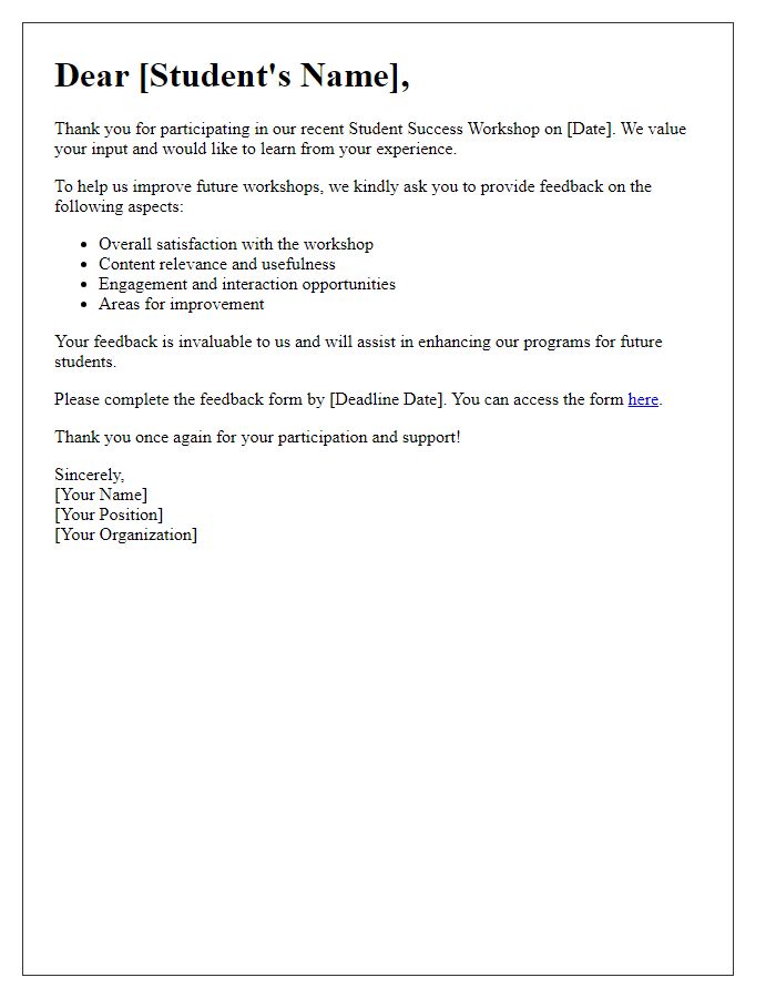 Letter template of feedback request for student success workshop