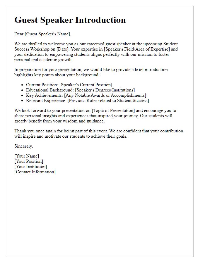 Letter template of guest speaker introduction for student success workshop