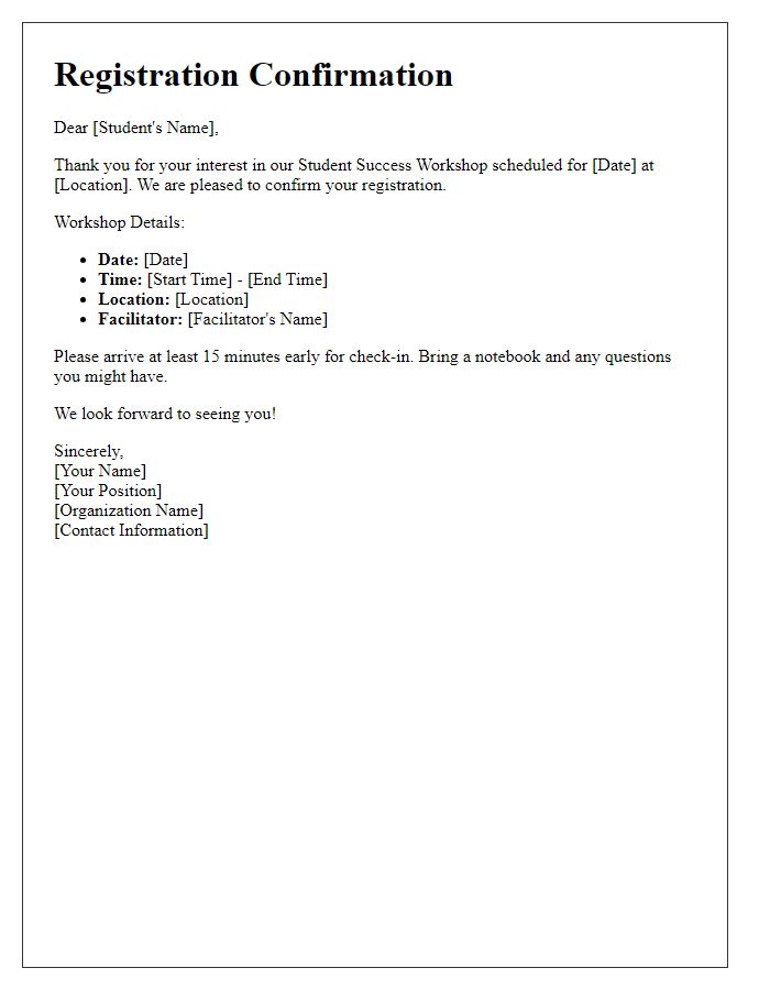 Letter template of registration for student success workshop