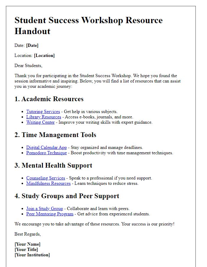 Letter template of resource handout for student success workshop