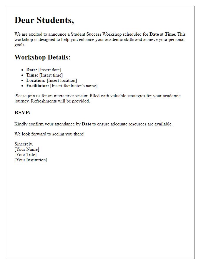 Letter template of schedule announcement for student success workshop