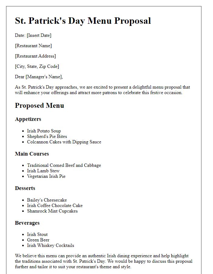 Letter template of St. Patrick's Day menu proposal for restaurants