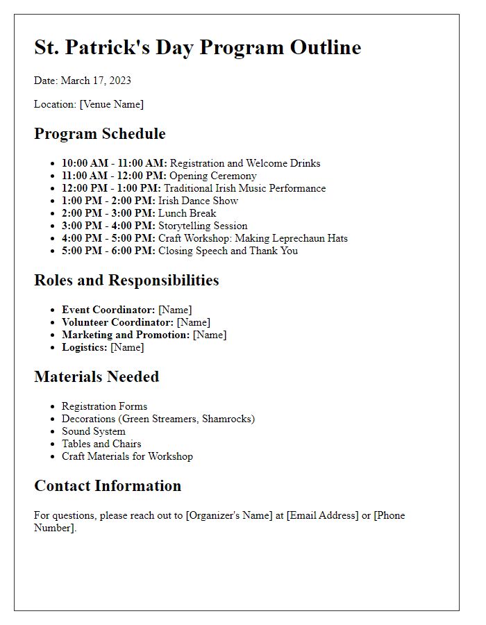 Letter template of St. Patrick's Day program outline for organizers