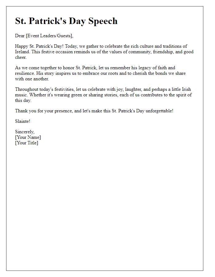 Letter template of St. Patrick's Day speech for event leaders