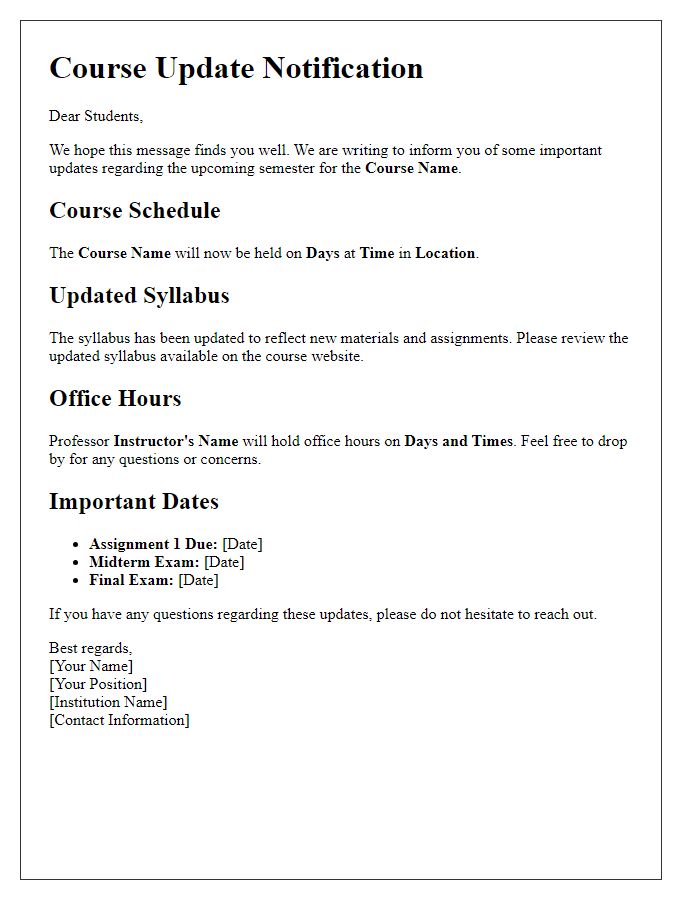 Letter template of academic course updates