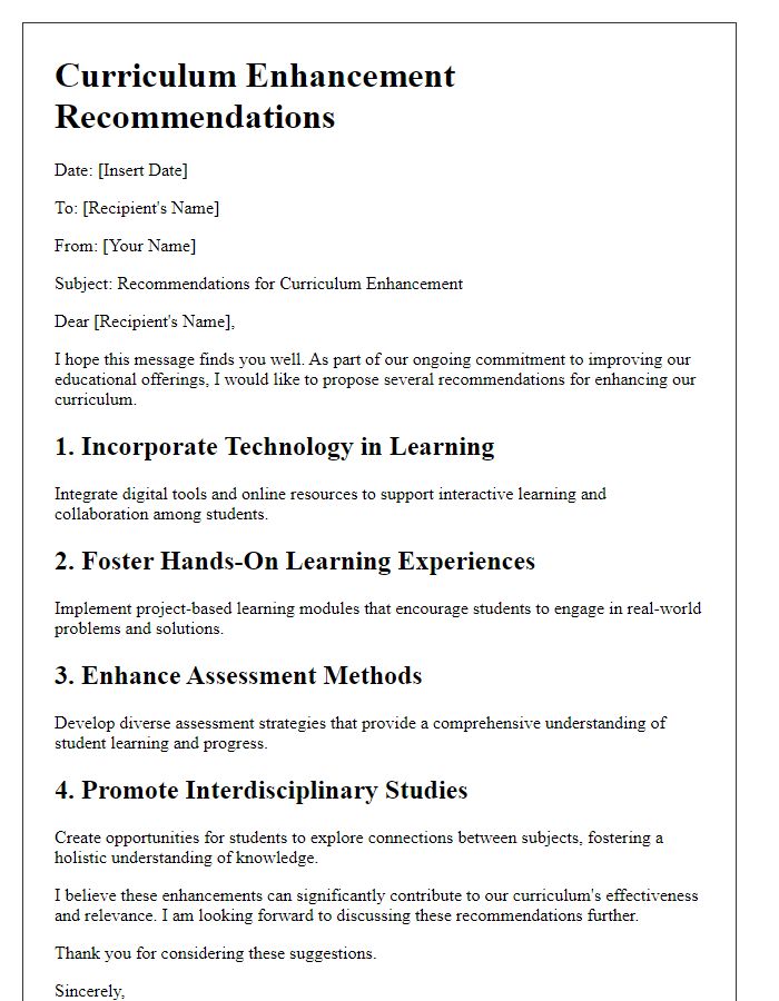 Letter template of curriculum enhancement recommendations