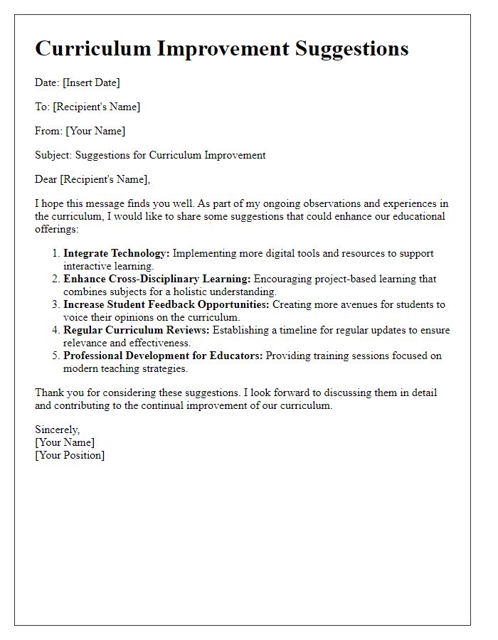 Letter template of curriculum improvement suggestions