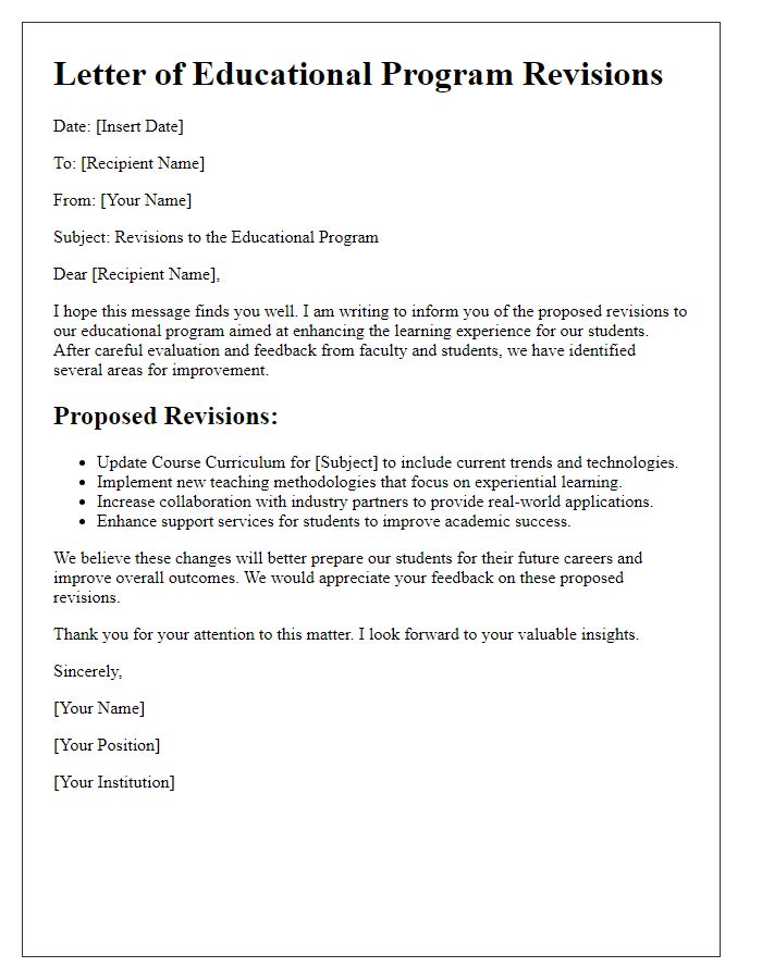 Letter template of educational program revisions