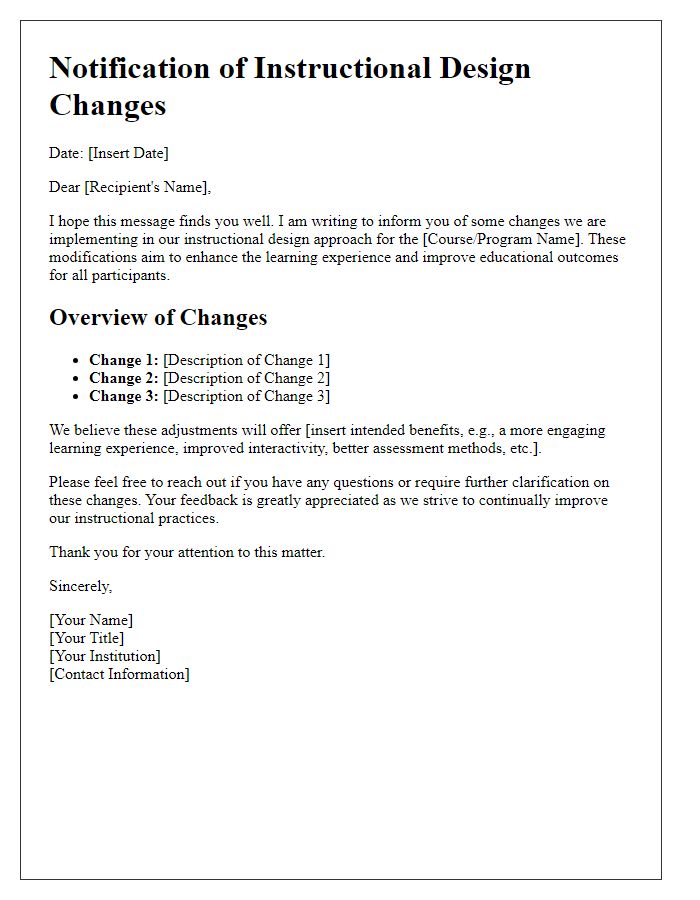 Letter template of instructional design changes