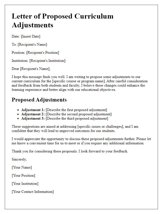 Letter template of proposed curriculum adjustments