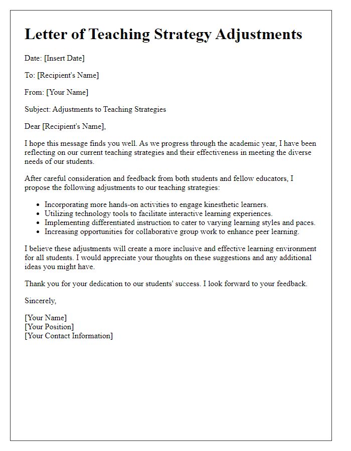 Letter template of teaching strategy adjustments