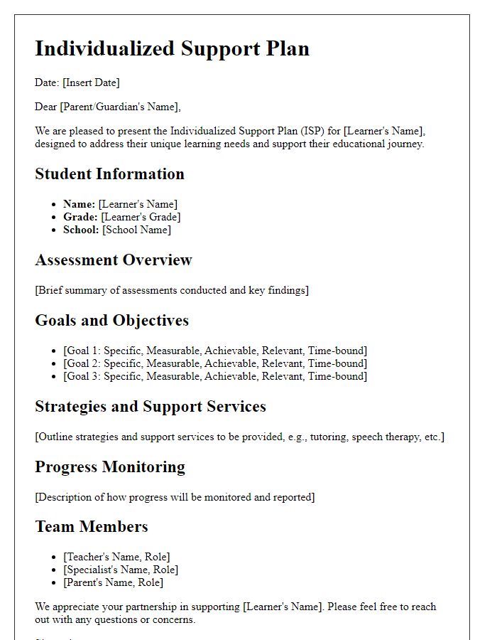 Letter template of individualized support plan for learners