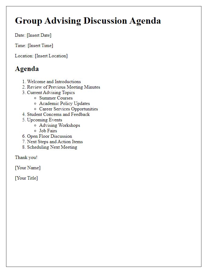 Letter template of agenda for group advising discussion.