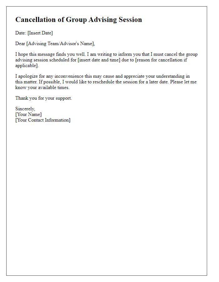 Letter template of cancellation for group advising session.