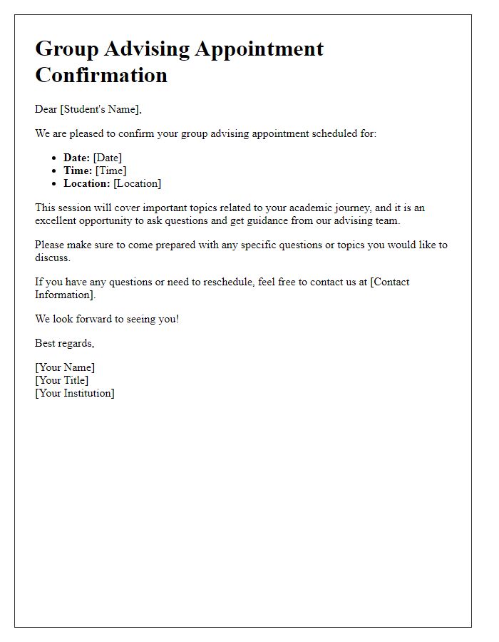 Letter template of confirmation for group advising appointment.