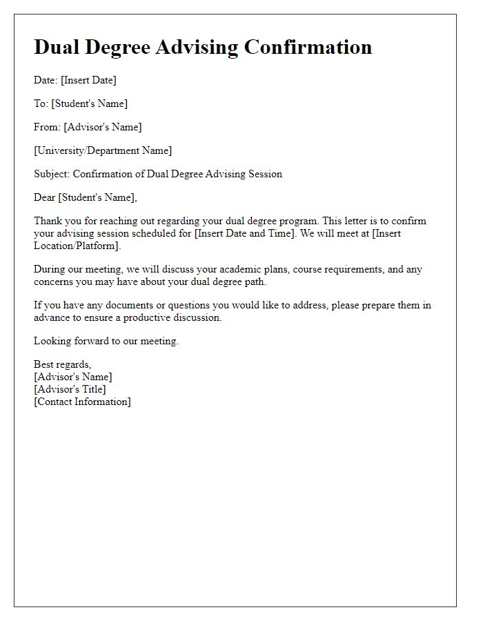 Letter template of dual degree advising confirmation