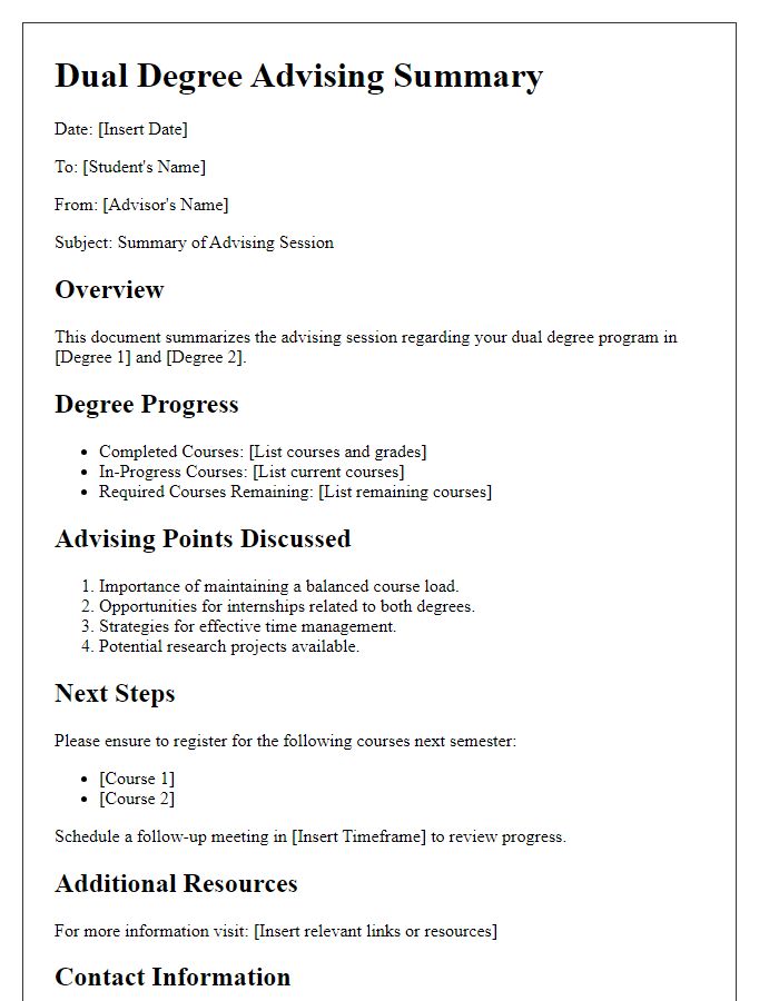 Letter template of dual degree advising summary