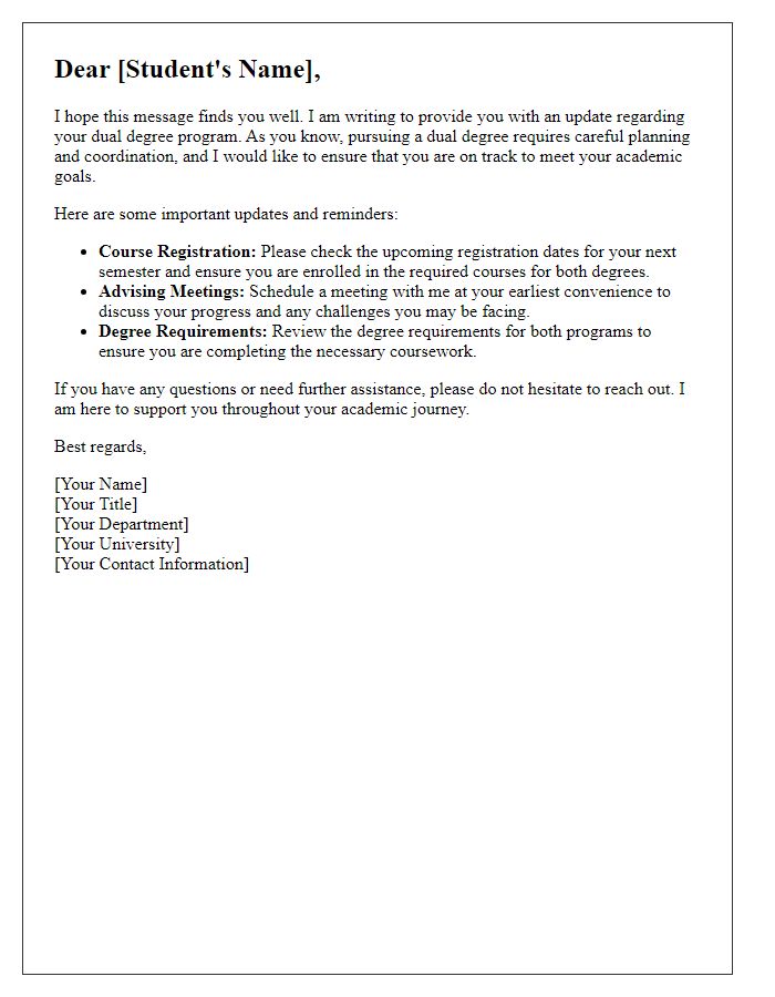 Letter template of dual degree advising update