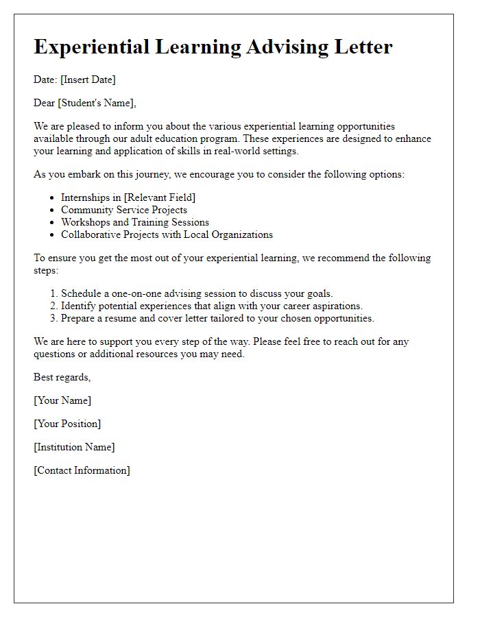 Letter template of experiential learning advising for adult education programs