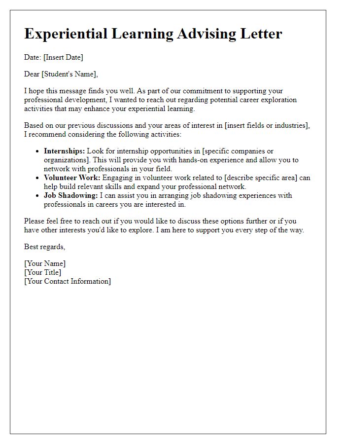 Letter template of experiential learning advising for career exploration activities